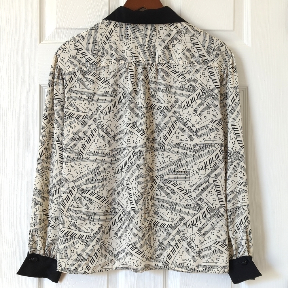 Pendleton 90's Vintage Silky Sheet Music Print Button Down Blouse Cream Black 4 - Picture 10 of 11